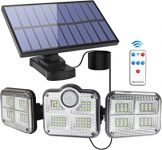 Chollo LED Solar – Luz Solar Exterior Interior – Foco Solar LED Exterior con Sensor de Movimiento: Luces Solares 3 Cabezales Ajustables 270° lluminación Impermeable Lámpara Solar con Control Remoto