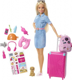 Chollo Barbie – Barbie Muñeca Viajera – Conjunto de Viaje con Maleta Rosa y Perro – Más de 10 Accesorios – Con Pegatinas – Regalo para Niños de 3-7 Años